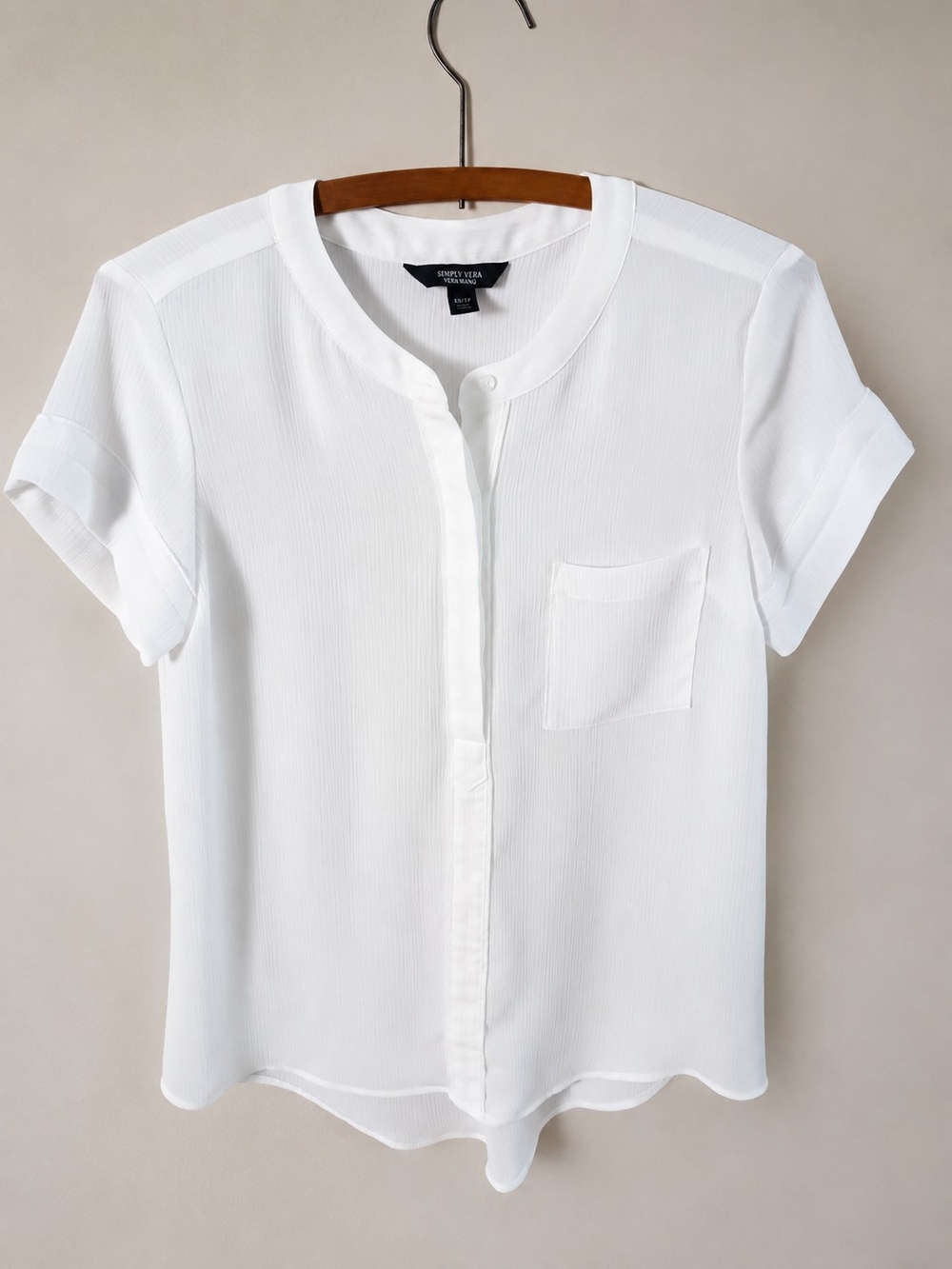 SIMPLY VERA VERA WANG PXS White Textured Short Sleeve Blouse Button Front Sheer - Picture 2 of 7